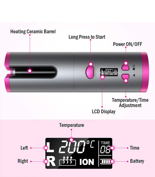 جهاز تجعيد الشعر الأوتوماتيكي اللاسلكي مع شاشة عرض درجة الحرارة ومؤقت